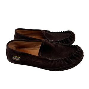 L.L. Bean Mens Brown Slip On Moccasin Slipper House Shoes Leather Lined size 9